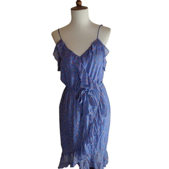 Joie 100% Silk Floral Dinesh Cold Shoulder Strawberry Blue Midi Dress Small - Picture 2 of 11